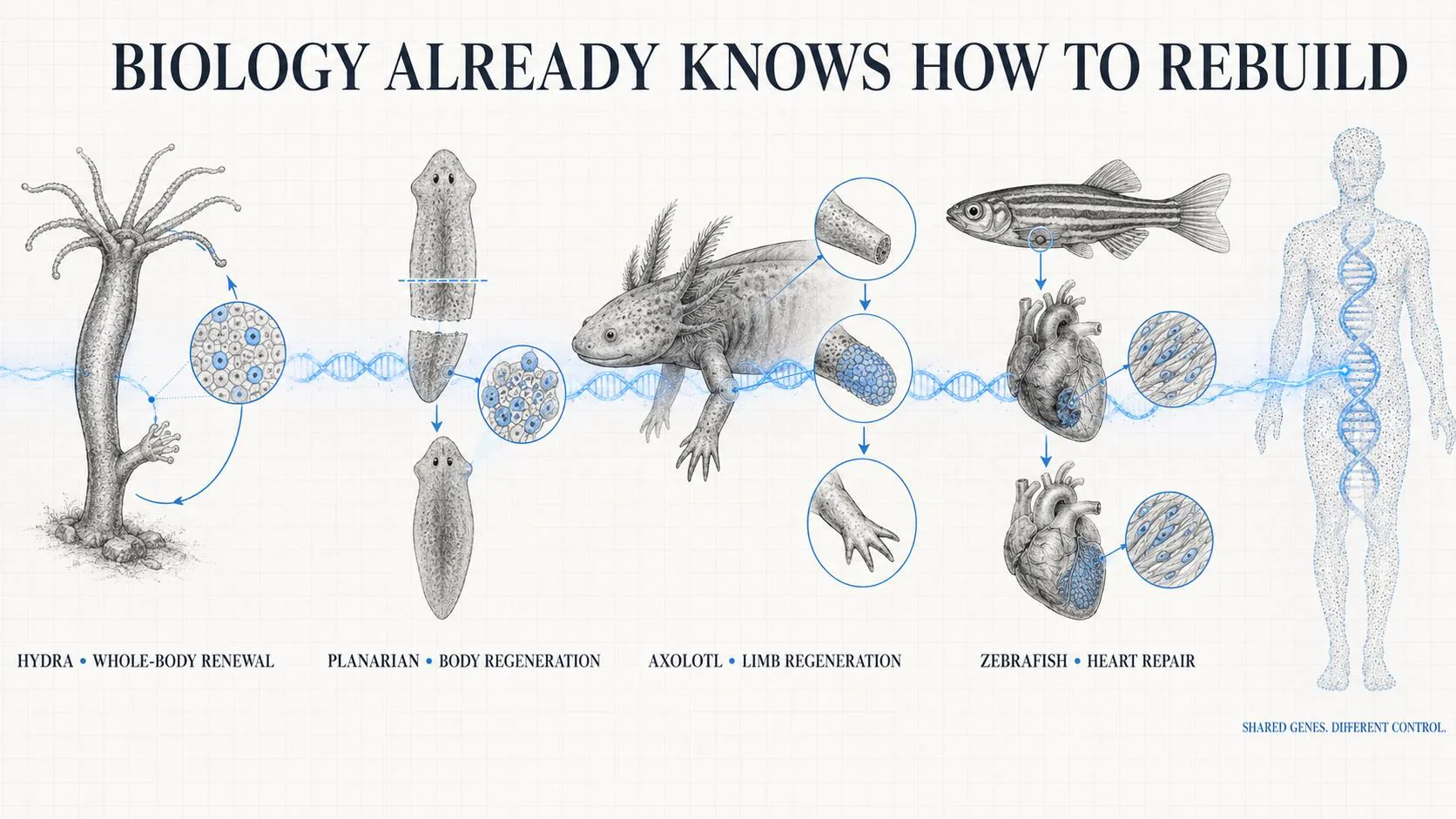 Deck illustration: hydra, planarian, axolotl and zebrafish, each with the tissue it regrows, and a human outline at the end sharing the same DNA strand
