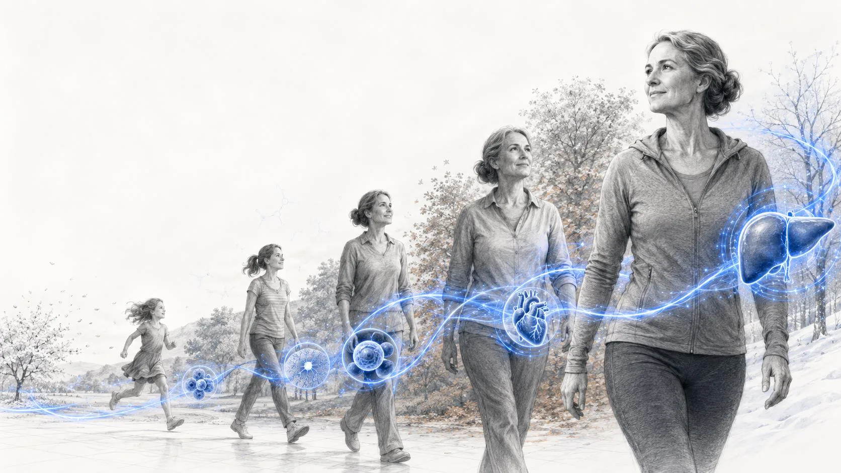 Pencil sketch of one woman walking toward the viewer at five ages, younger each time, with blue line-art of cells, a heart and a liver flowing between them