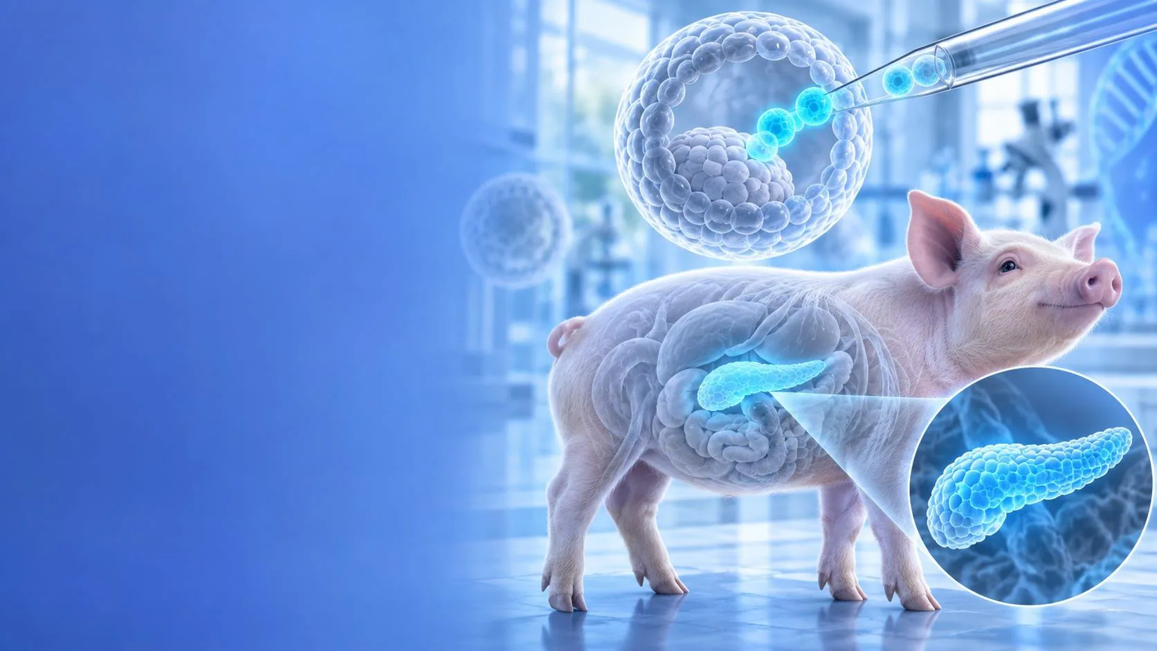 Deck illustration: human stem cells injected into an animal blastocyst, and a pig with a glowing human pancreas growing inside it