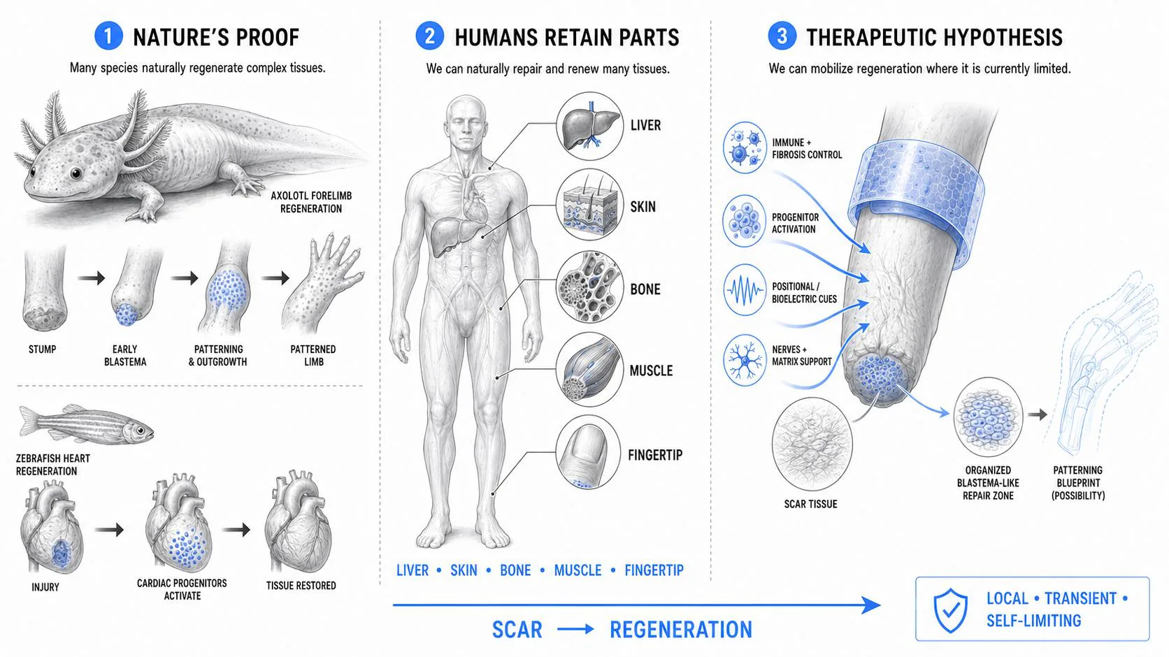 Deck illustration in three panels: nature’s proof with axolotl limb and zebrafish heart regeneration, the human tissues that retain repair, and the therapeutic hypothesis of an organized blastema-like repair zone