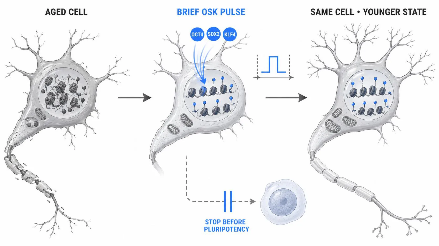 Deck illustration of an aged neuron receiving a brief OSK pulse and returning as the same cell in a younger state, with the pluripotency route marked stop before pluripotency