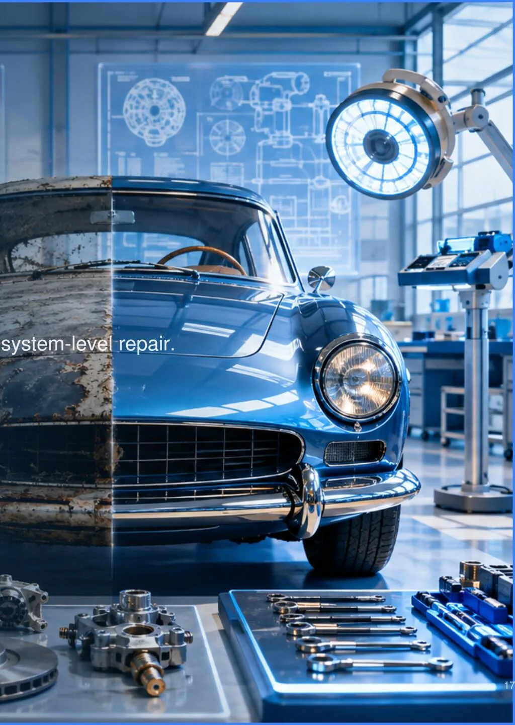 Deck illustration: a classic car, rusted on one side and fully restored on the other, in a workshop