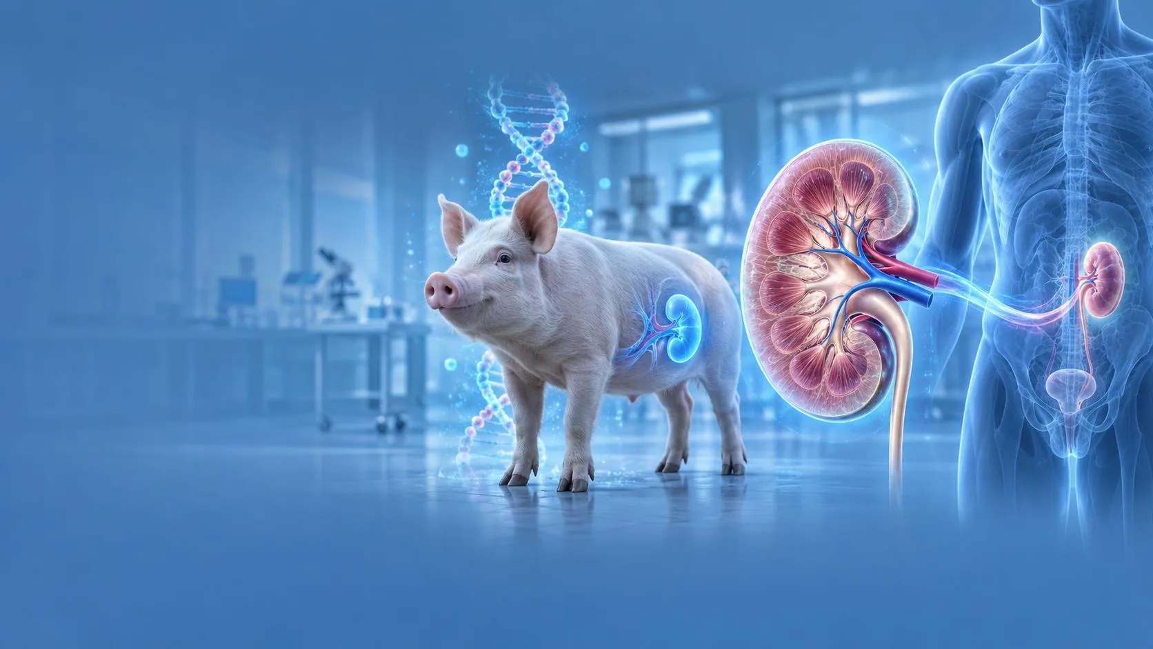 Deck illustration: a pig beside an engineered kidney being placed into a human outline